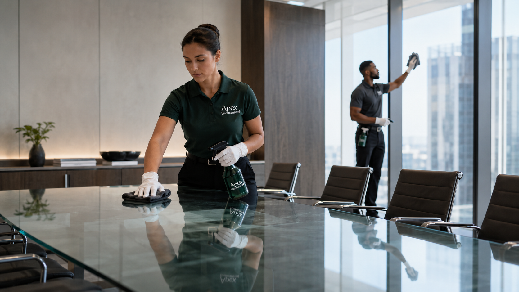 Apex Environmental specialists cleaning a corporate conference room