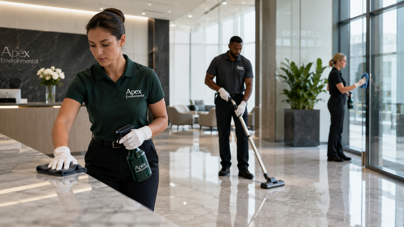 Apex Environmental team cleaning a polished corporate lobby