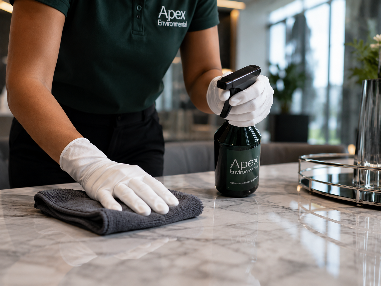 Close-up of premium surface cleaning with Apex Environmental products