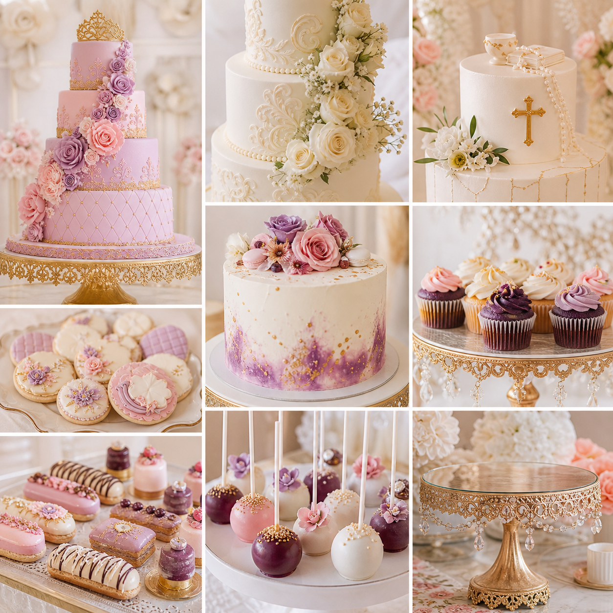 Collage of custom cakes, decorated cookies, cupcakes, eclairs, and cake pops