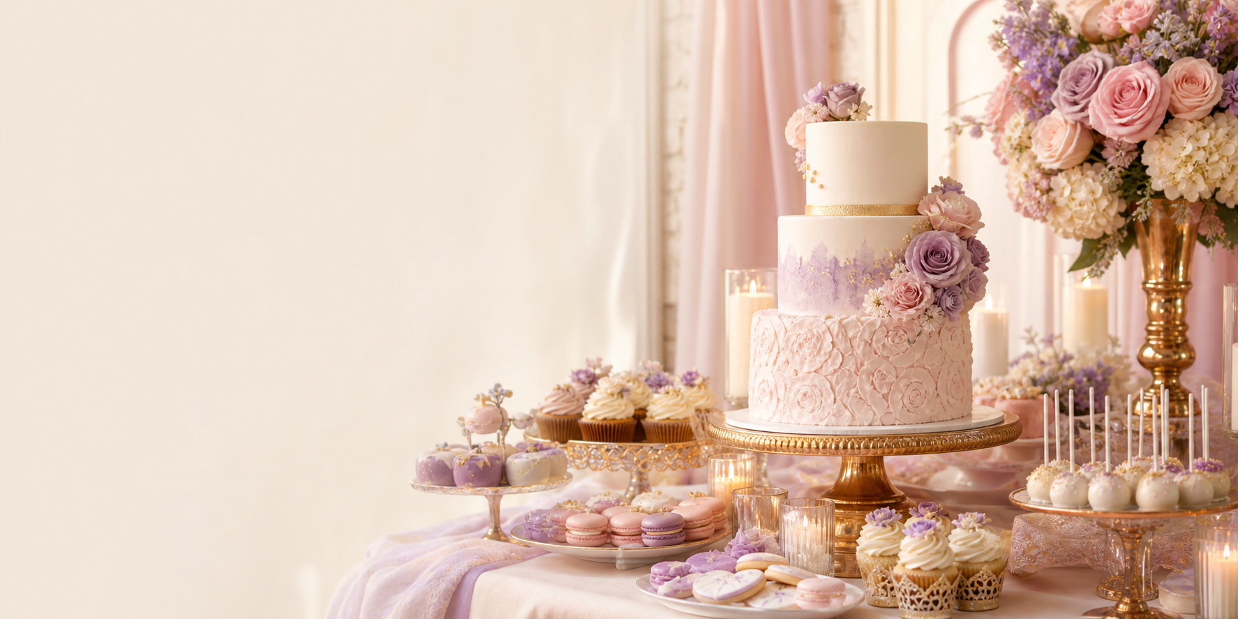 Elegant custom cake and pastel dessert table for a celebration