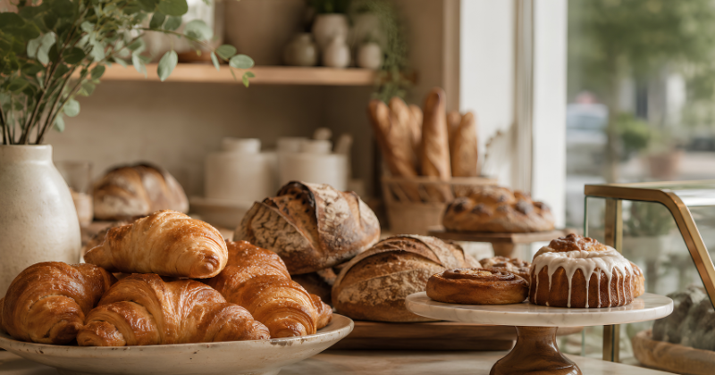 Bakery display with croissants, bread, and pastries