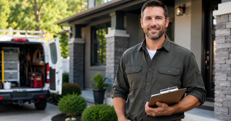 Local contractor standing outside a home with work van and clipboard