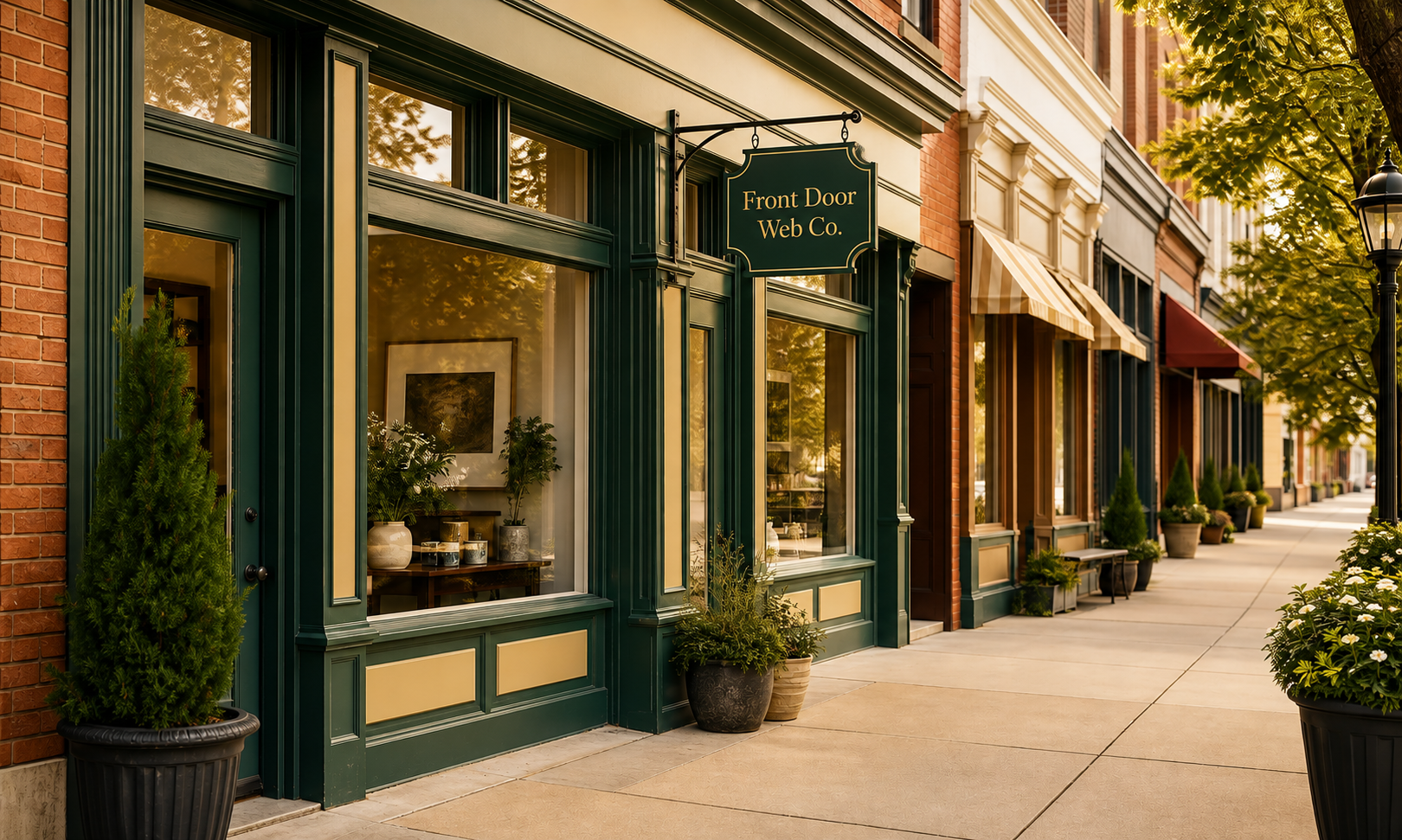 A warm row of local storefronts on a quiet main street