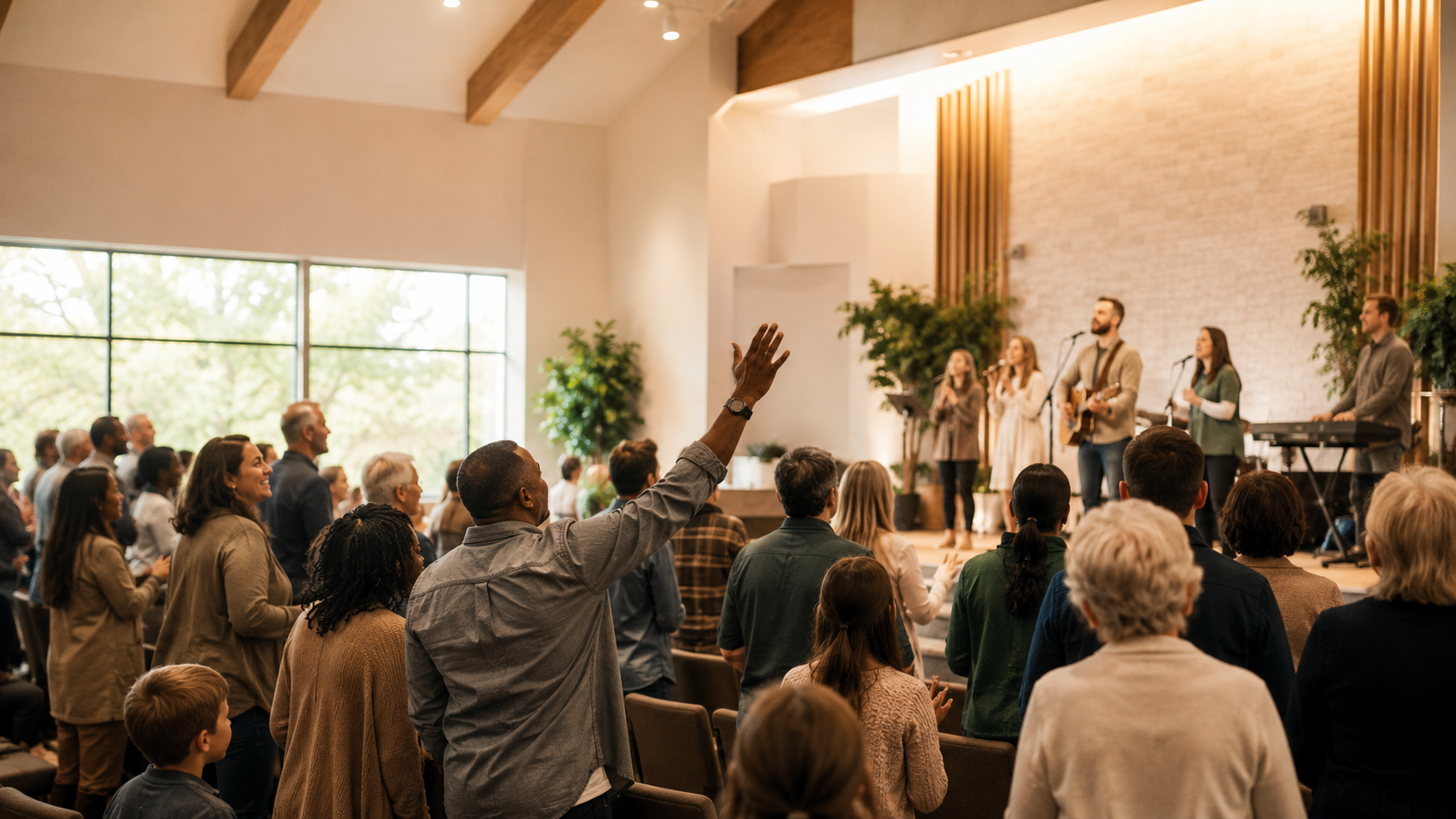 A warm congregation gathered in a bright, welcoming sanctuary