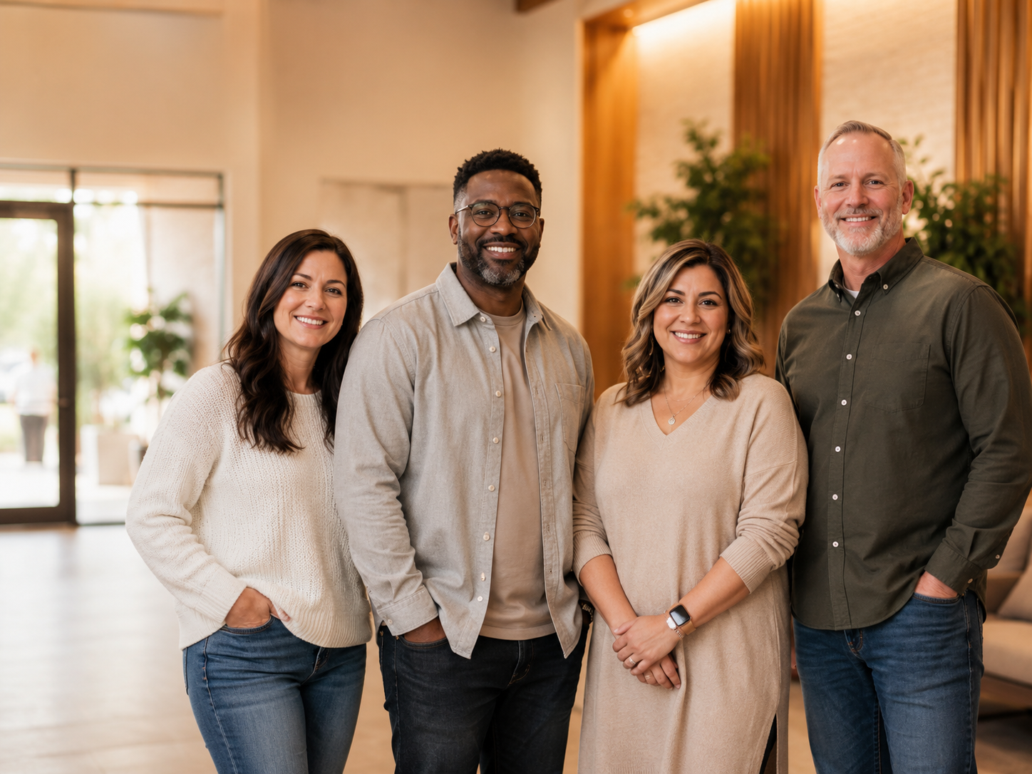 Community leaders welcoming new visitors at Grace Fellowship