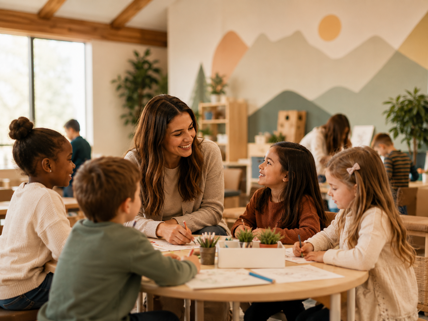 Children in a bright, welcoming classroom at Grace Kids