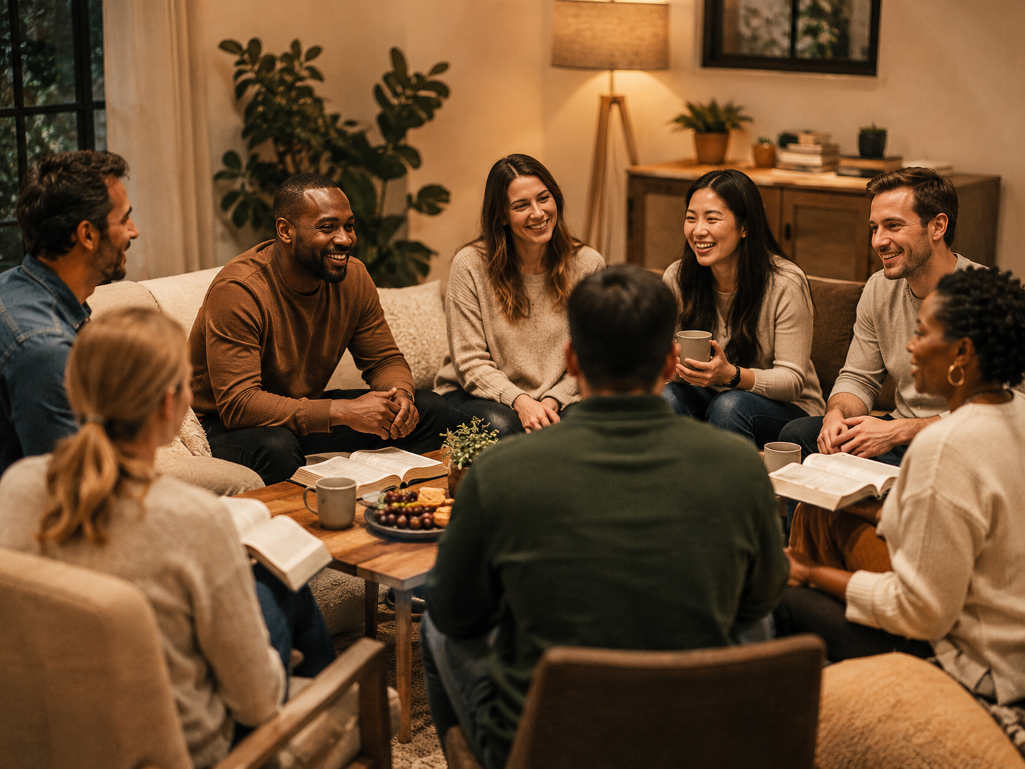 Small group members sharing a meal and conversation together