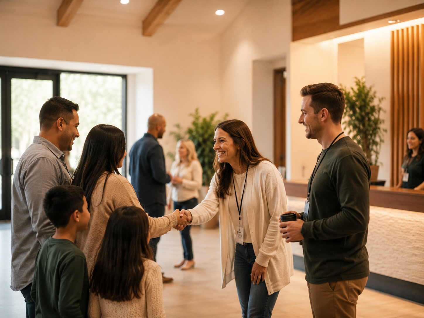 A warm first-time visitor being welcomed in the church lobby