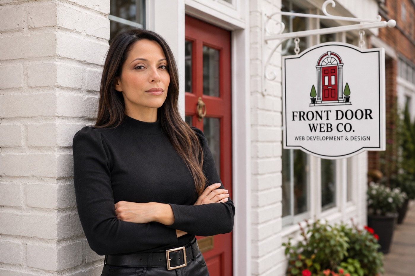 Marilyn Gerena, founder of Front Door Web Co., beside the company sign and red storefront
