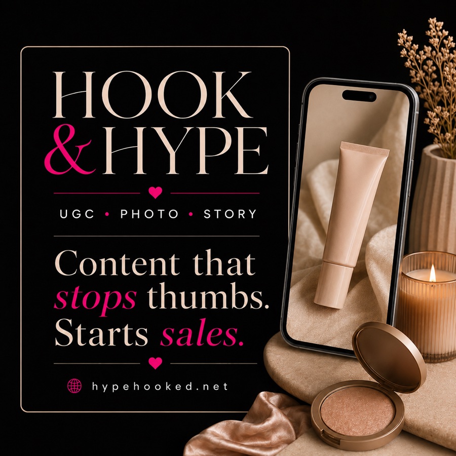 Hook and Hype UGC website cover with beauty product content