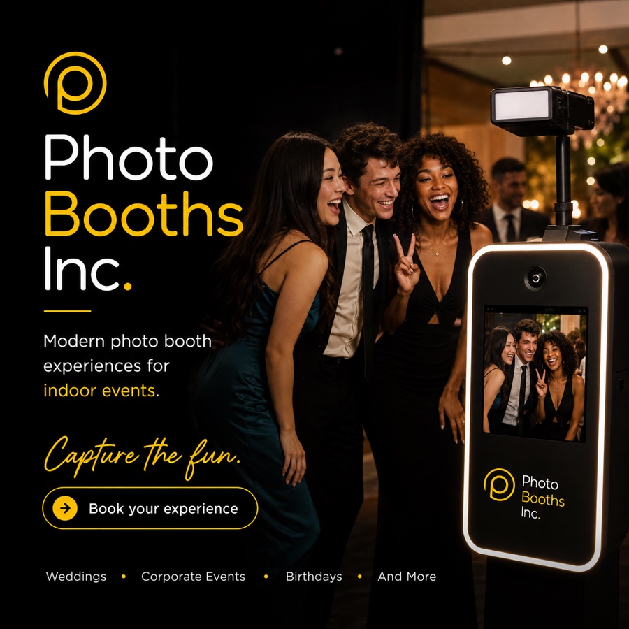 Photo Booths Inc. website cover showing an indoor event photo booth