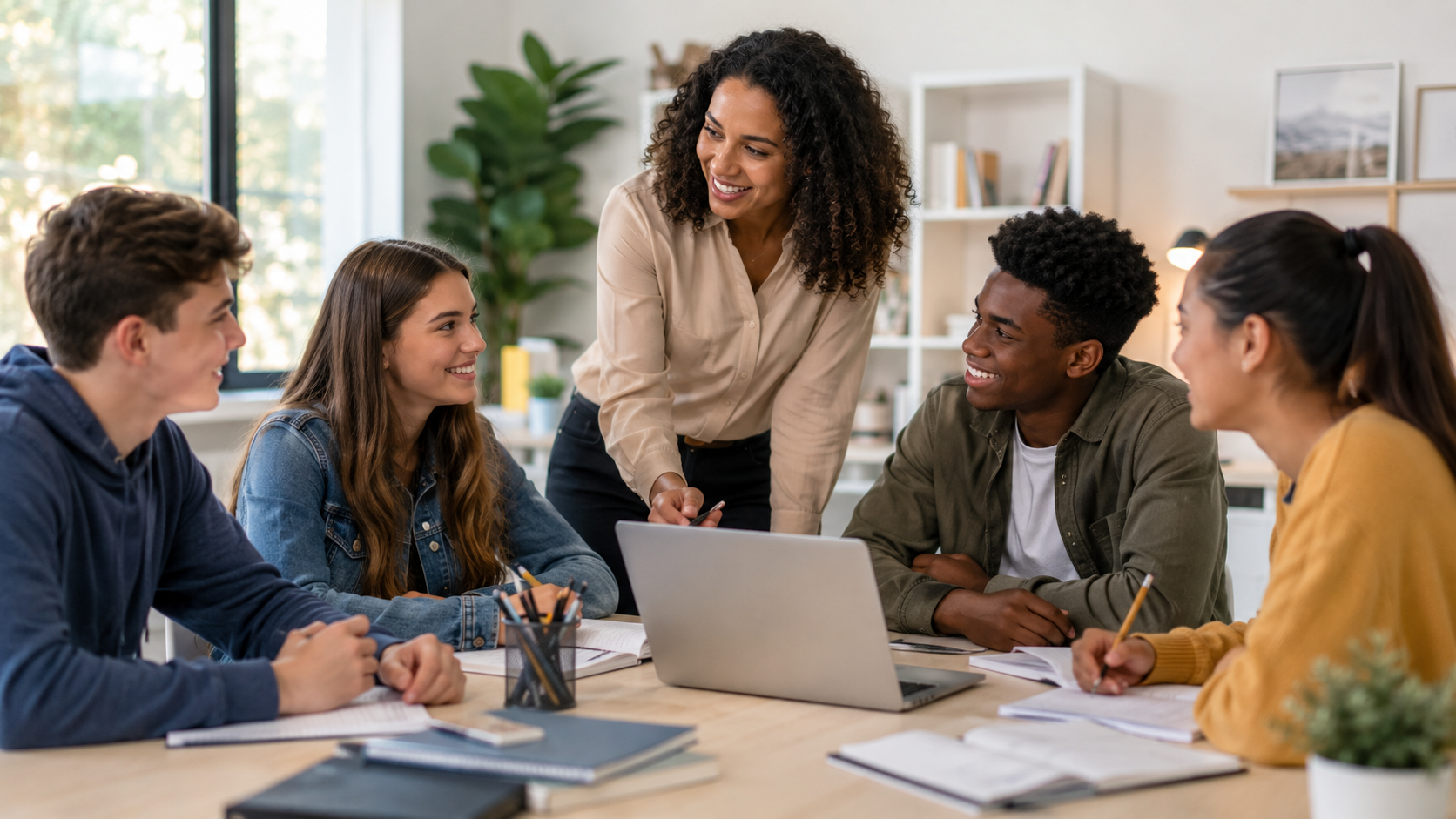 Tutor smiling with a diverse group of students around a laptop
