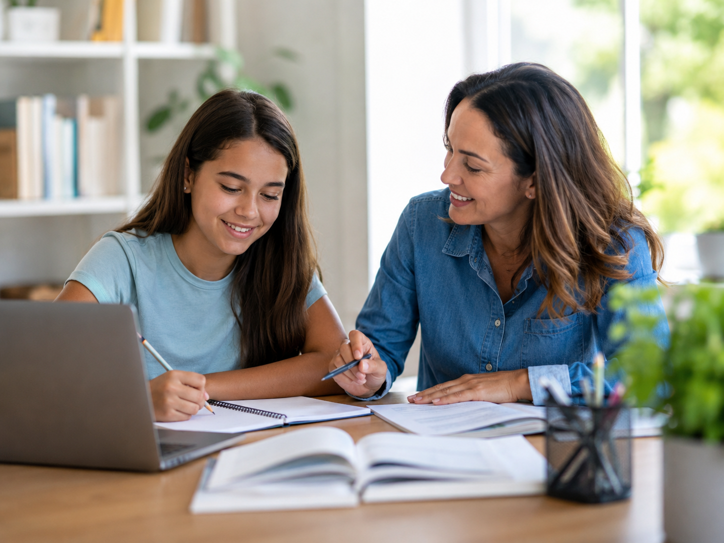 Tutor helping a smiling student write at a desk