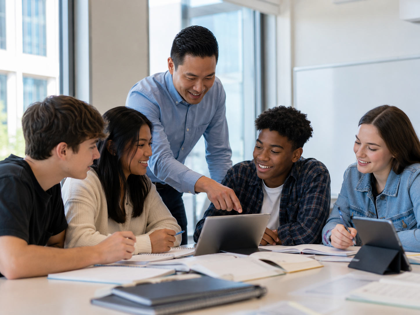 Tutor helping a group of students work through a tablet lesson