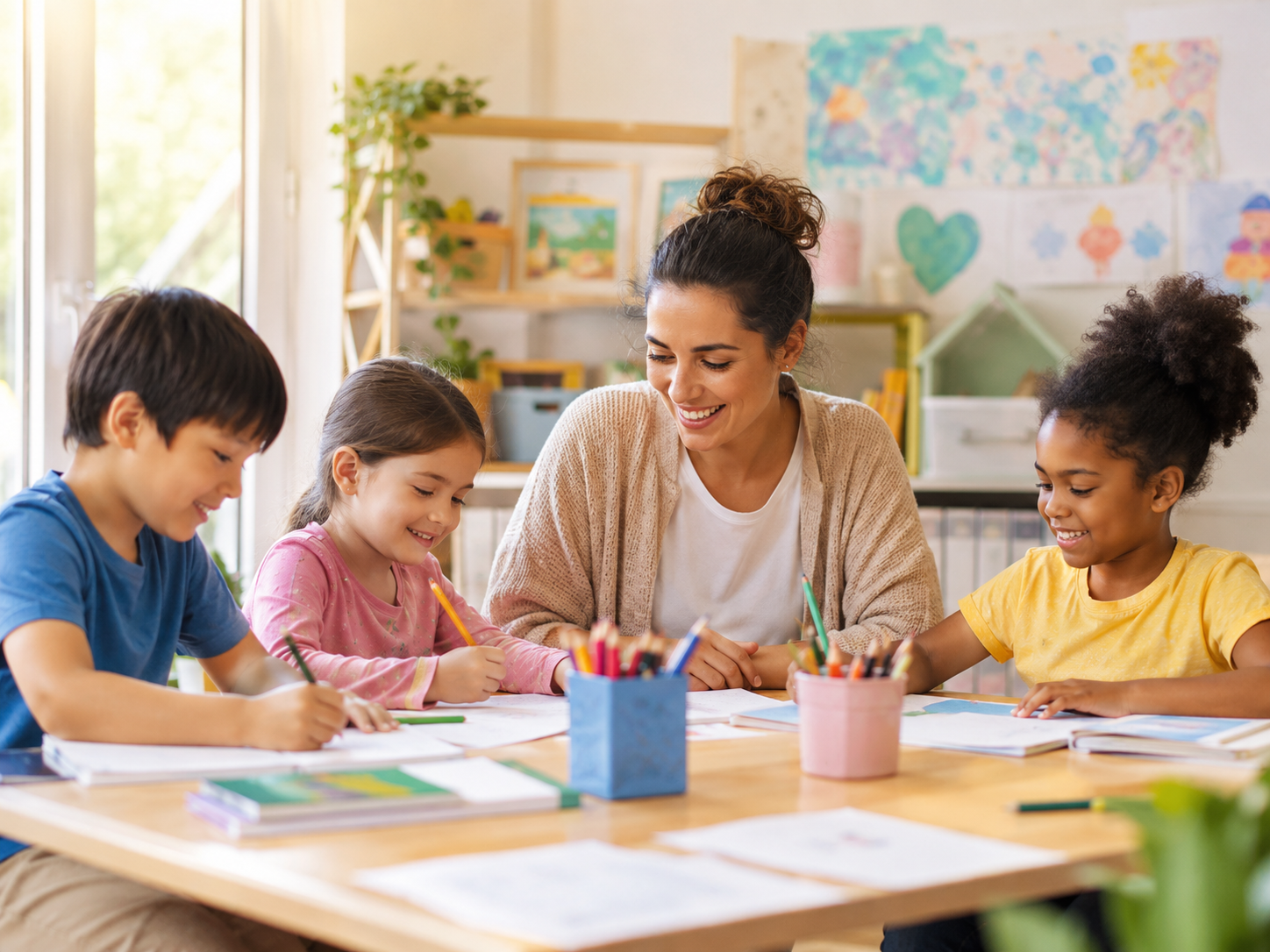 Tutor guiding young children through a colorful learning activity